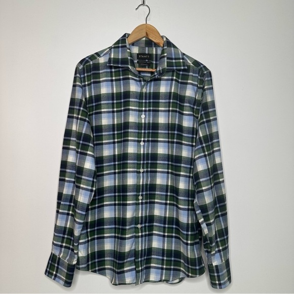 STANTT Men’s Brushed Twill Button Down Shirt Blue/Green Plaid Neck 16 - Picture 2 of 7